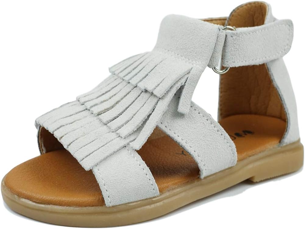  | Muy Guay Girls Sandals Genuine Leather Toddler Girls Sandals Tassels Summer Flats Walking Shoes with Non Slip Rubber Sole | Sandals