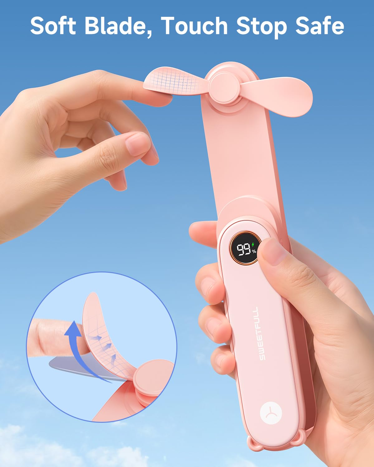 SWEETFULL Portable Handheld Mini Fan with LED Display, 3-in-1 Personal Foldable USB Rechargeable Hand Held Fan & Flashlight for Travel, Lash Eyelash, Cute Small Pocket for Women, Girls