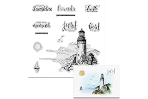Lighthouse Sea Background Clear Stamps for Card Making and Photo Album Decorations, Sun Sky Sailboat Words Transparent Rubber