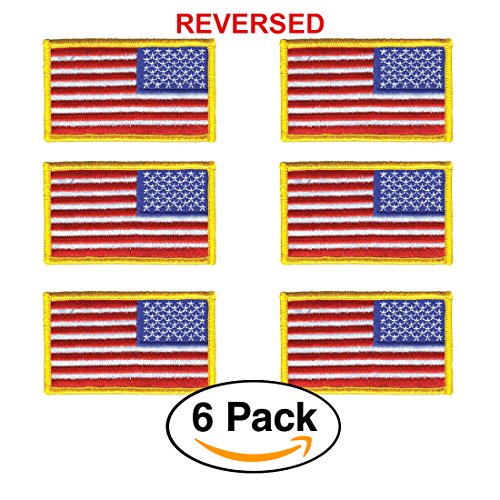 6 Pack - REVERSED American Flag Embroidered Patch, Gold Border USA United States of America, US Army flag Patch, sew on