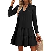 Wkior Casual Dresses for Women Long Sleeve Fall Lapel Collared V Neck Pleated Midi Dress 2026