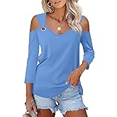 Minetom Women's V Neck 3/4 Sleeve Shirts Cold Shoulder Tops Basic Summer Tees