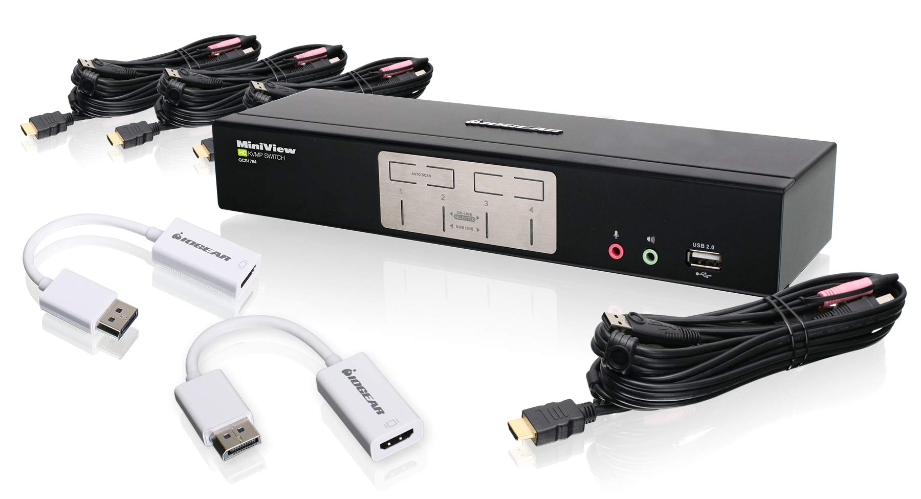 IOGEAR 4-Port HDMI & DisplayPort KVMP Kit with USB Hub & Audio, Black, Push Button Switch, Push Button Actuator, ON-NONE-ON Operation Mode