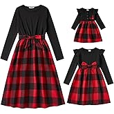 AWIBMK Mommy and Me Christmas Dresses Green Red Plaid Dress Fall Winter Xmas Holiday Mom Daughter Matching Outfits