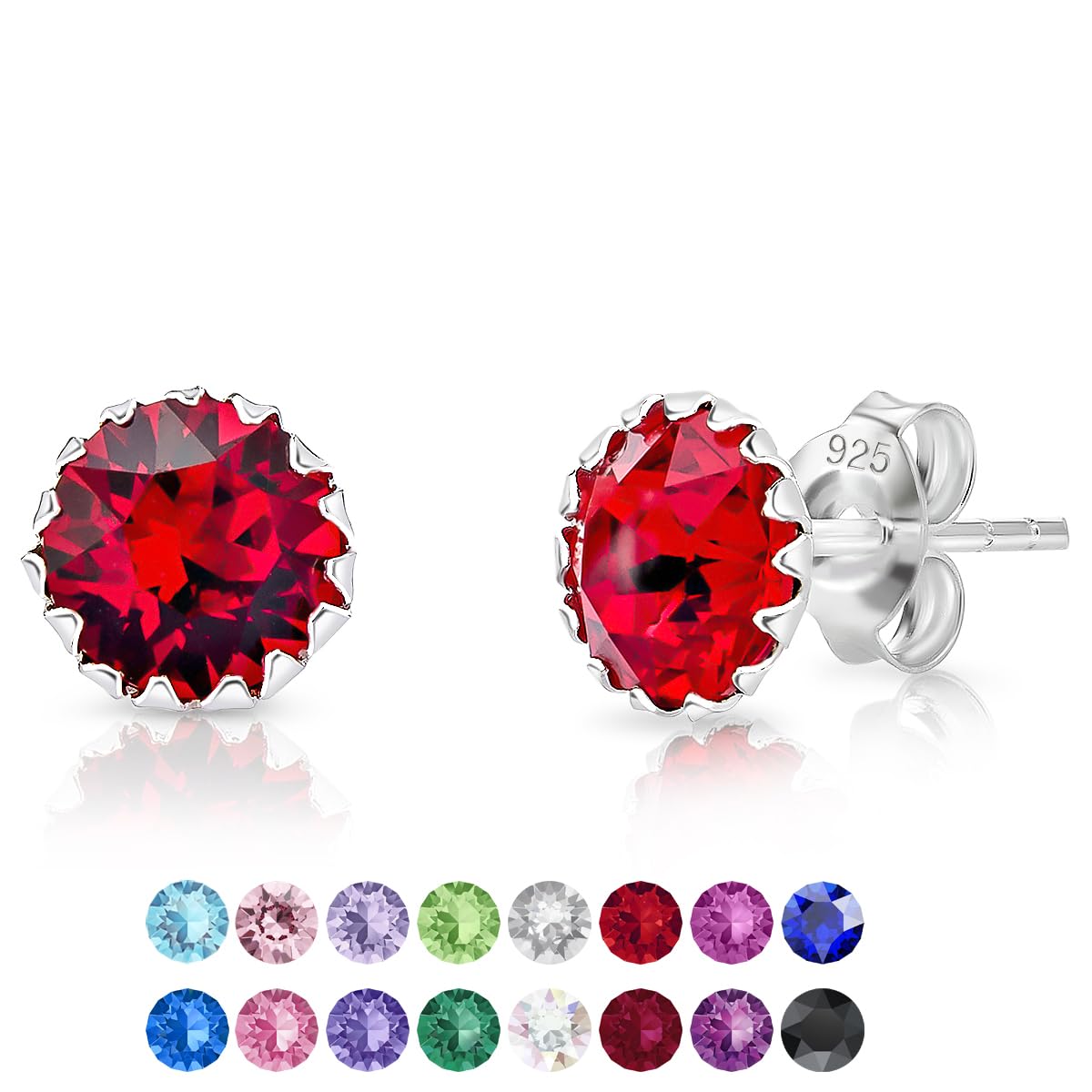Red Earrings for Women - Stud Earrings 925 Sterling Silver with Red Crystal 6 mm - 925 Silver Round Studs — image 1