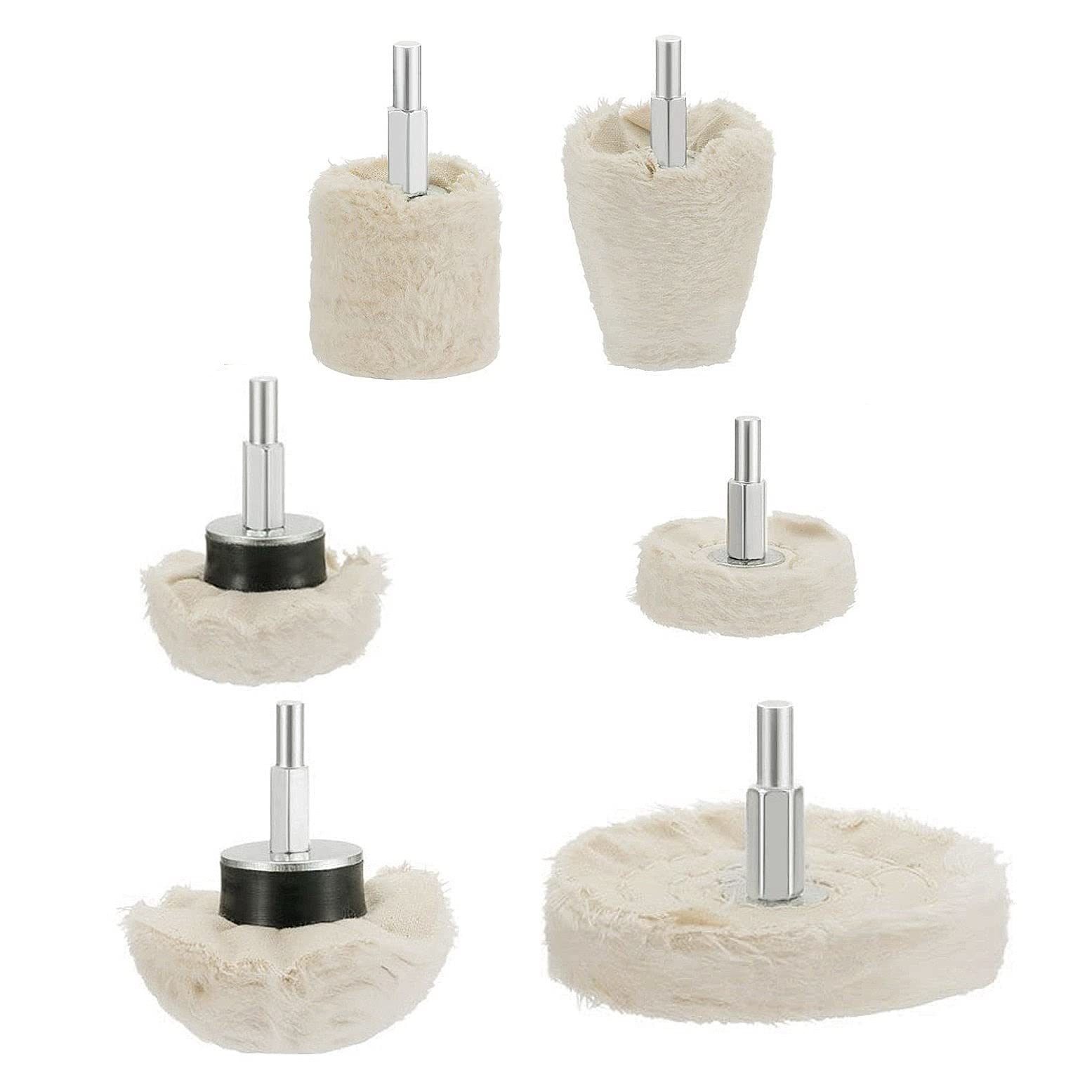 JZK 6 PCS Buffing pads set with 6mm shaft, buffing wheel for drill, buffing cloth pads for metal, ceramic and glass, polishing pad wheel for car polishing