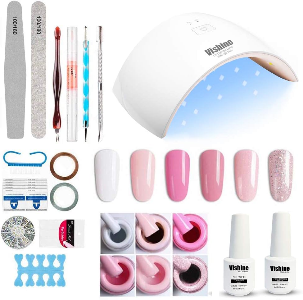 Vishine Gel Polish Starter Kit - 6 Colours Set including Base Top Coat, 36W LED Dryer Lamp, Full DIY Manicure Tools 8ml C03