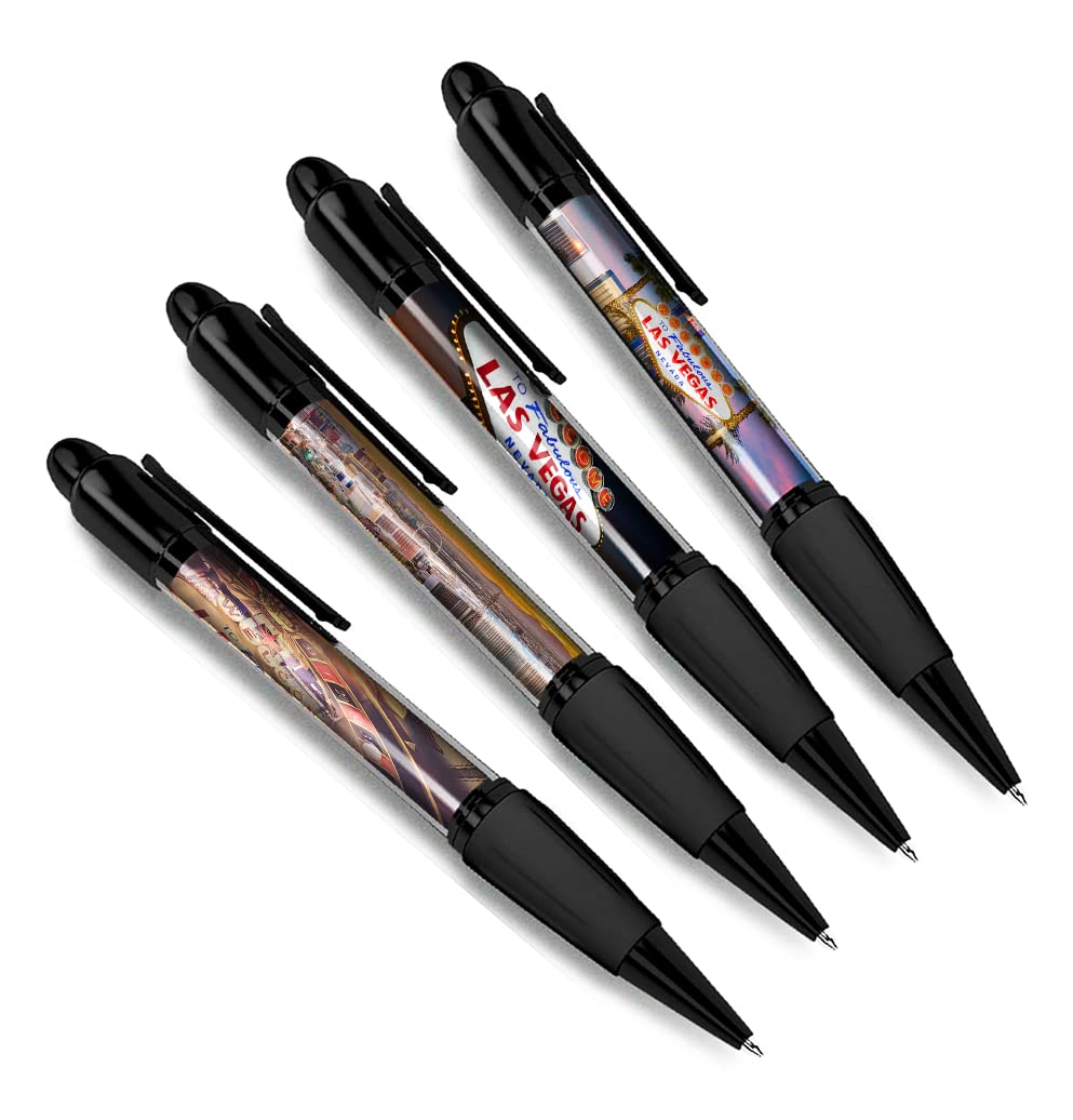DV DESIGN Set of 4 Las Vegas Black Ballpoint Pens - Nevada Travel America USA Sign Casino Holiday Hobby Boys Girls Men Women Theme Pen #79401
