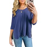 Poetsky Womens Fashion Oversized Tunic Tops Ribbed Batwing 3/4 Sleeve Casual Corded Textured Split Hi-Lo Hem Shirts Blouses