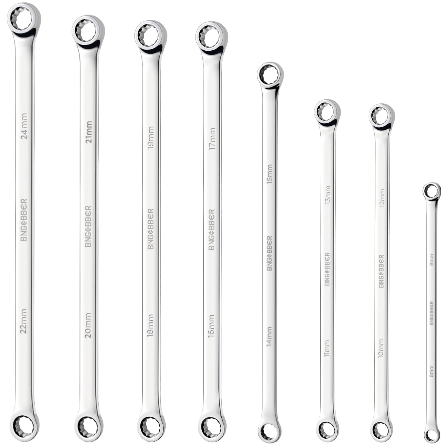BINGCOBBER Spanner Set,Extra Long Wrench Set Long Ring Spanner Set 8mm-24mm