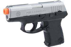 AirSoft Swiss Arms Millennium PT 111 Spring Powered Airsoft Pistol with Hop-Up and Slide Serrations, 180-200 FPS, Silver