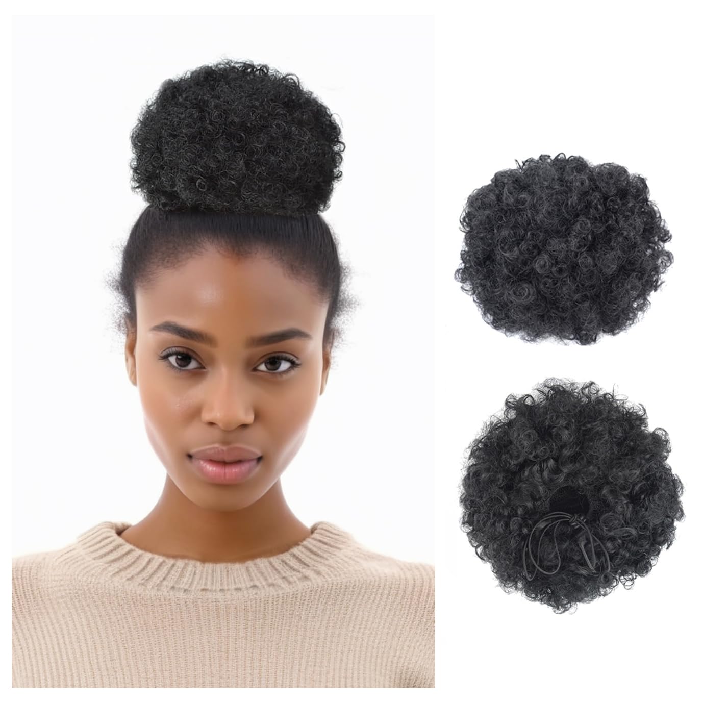 Afro Puff Drawstring Ponytail with Two Clips for Black Women Synthetic Curly Ponytail Bun Extension Hairpieces Updo Hair Extensions (Medium, 1B#)