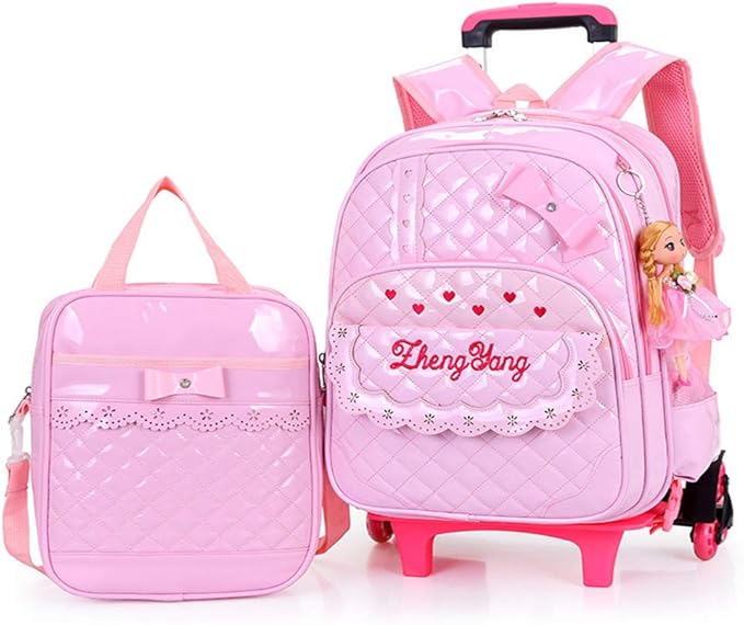 YLG 2PCS Waterproof Rolling School Bag Backpack Trolley Wheeled Backpack,Cute Bowknot, six wheel