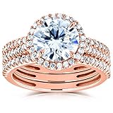 Round Brilliant Moissanite and Diamond Halo 3-Piece Bridal Rings Set 2 1/2 CTW 14k Rose Gold