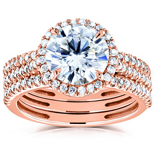 Round Brilliant Moissanite and Diamond Halo 3-Piece Bridal Rings Set 2 1/2 CTW 14k Rose Gold