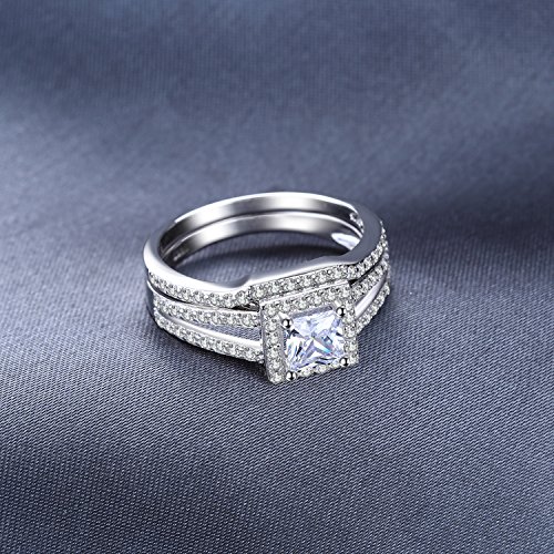 JewelryPalace Wedding Rings Halo Solitaire Engagement Rings For Women Anniversary Promise Ring Bridal Sets 1.3ct Princess Cubic Zirconia 925 Sterling Silver Ring Sets Size 8