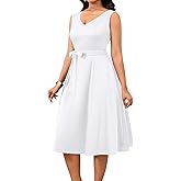 Nmoder Midi Dresses for Women, Sleeveless V Neck Cocktail Dress with Belt Retro Vintage Wedding Guest Dress with Pockets