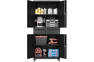 Fesbos 73" Metal Cabinet-Black Heavy Duty Rolling Storage Cabinet Steel Cabinets with Wheels, Shelves, Lockable Doors and Drawers- for Garage, Pantry, Warehouse - Assembly Required