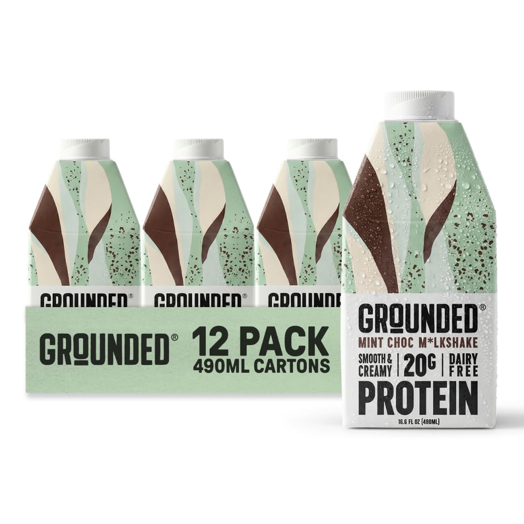 GROUNDED Dairy Free Mint Chocolate Protein Milkshakes 12 x 490ml, 20g Plant Protein Per Bottle, Ready to Drink, Natural Ingredients, Gluten Free, Nutritious Meal Replacement, With Cocoa
