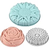 Sakolla 3 Pack Flower Shape Silicone Cake Molds, Large Round Silicone Molds for Baking Cake, Breads, Pies, Tarts, Jello (Rose, Chrysanthemum, Sunflower)