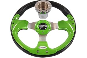 HUSKEY PARTS COMPANY Huskey 12.5 Inch Lime Green Racing Style Golf Cart Steering Wheel for EZGO 1994.5-Up Gas & Electric Models, Racing Style, Super Sport Center Logo, Brushed Aluminum Spokes and Anti-Slip Grip