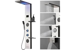 Homevacious 4 In 1 Shower Panel System with Shelf,LED Rainfall Shower Head and Massage Body Jets,3 Functions Handheld Head and Tub Spout,Stainless Steel Bathroom Shower Fixtures,Brushed Nickel
