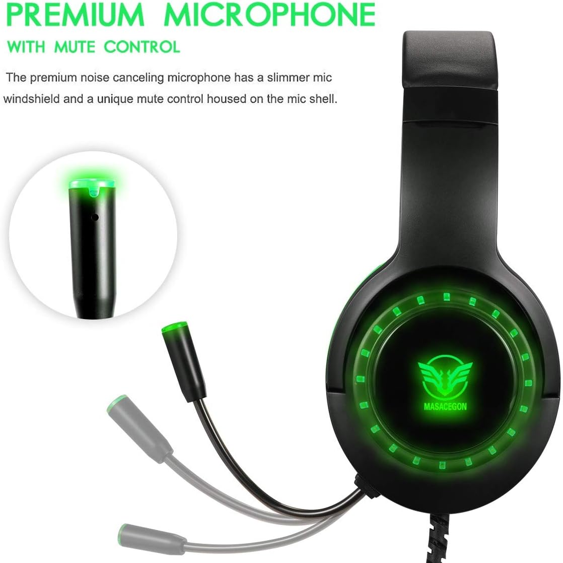 Pacrate Gaming Headset with Microphone for PS4 PC Xbox One Headset Stereo Surround Sound Intense Bass Headphone with LED Light Noice Cancelling for Computer Laptop Mac (Black Green)