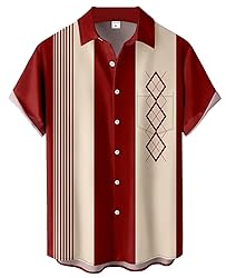 Bowling Shirts for Men Red Geometric Print Short