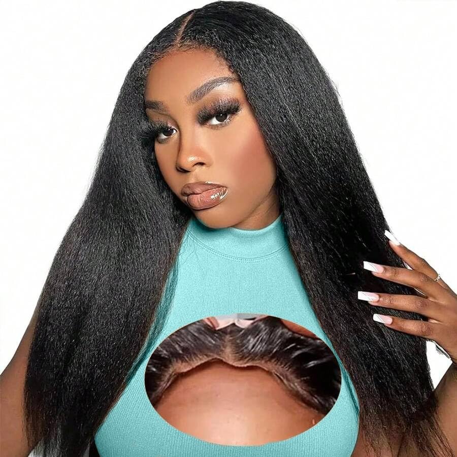 Human Hair Wig Yaki Straight Glueless Wigs for Black Women Human Hair Pre Cut Wear and Go Glueless Wig 4X4 HD Lace Front Wig 180% Density 26 Inch. — image 1
