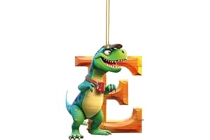 SIMPLMASYGENIX Personalized Dinosaur Christmas Ornament 26 Letters Hanging Pendant Ornaments 2023 Plastic Initial Monogram Xmas Tree Decorations with Hanging Rope Unique Customized Funny Gift for Kids, E