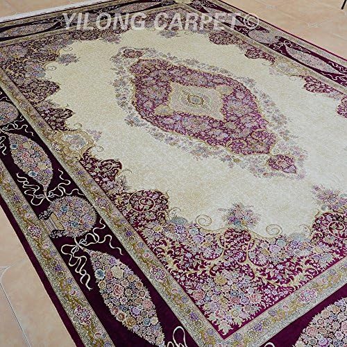 Yilong 10'x14' Persian Silk Rug Classic Vintage Isfahan Medallion with Floral Pattern Handmade Home Carpet (Ivory and Purple) YL0928