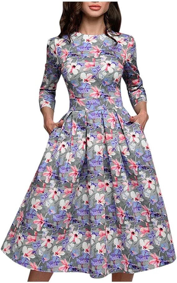 Amazon レディース ワンピース レトロ 1950 年代 花柄 丸ネックハイウェスト タイトドレス 膝丈 Aライン スカート おしゃれ パーティードレス レディース 体型カバー 着痩せ パーティー カクテル 半袖 同窓会 結婚式 二次会 お呼ばれ 夏秋 復古風洋服 ワンピース