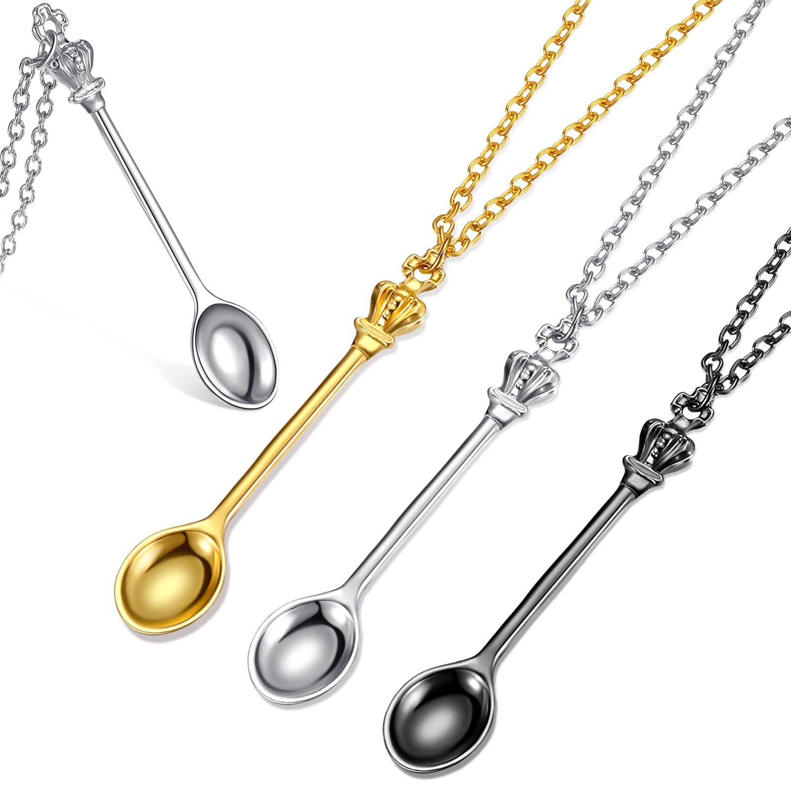 3 Pcs Spoon Necklaces Set Mini Spoon Necklace Charms Antique Style Tiny Little Scoop Necklace Teaspoon Crown Pendant Necklace with 3 Gift Bag for Women Jewellery Accessory (Gold, Silver, Black)