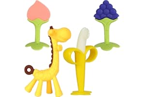 HAILI XMGQ Baby Teething Toys 3-6 Months, Silicone Baby Teether Freezer BPA Free, Babies Teething Relief Sore Gums, Banana Finger Toothbrush, Fruit Shape Giraffe Teether for Infant Boys and Girls
