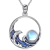 AINFQY Wave Necklace 925 Sterling Silver Ocean Wave Moostone Pendant Necklace Wave Necklace for Women Beach Jewelry