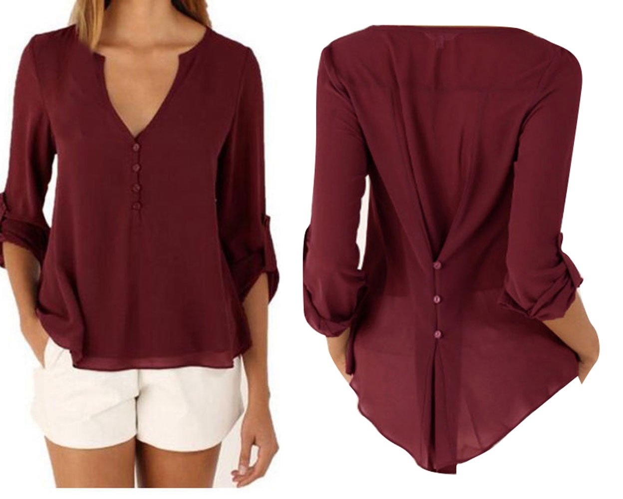 Pevor Women Casual Deep V-Neck Cuffed Sleeves Solid Chiffon Blouse Shirt Top, L,Red