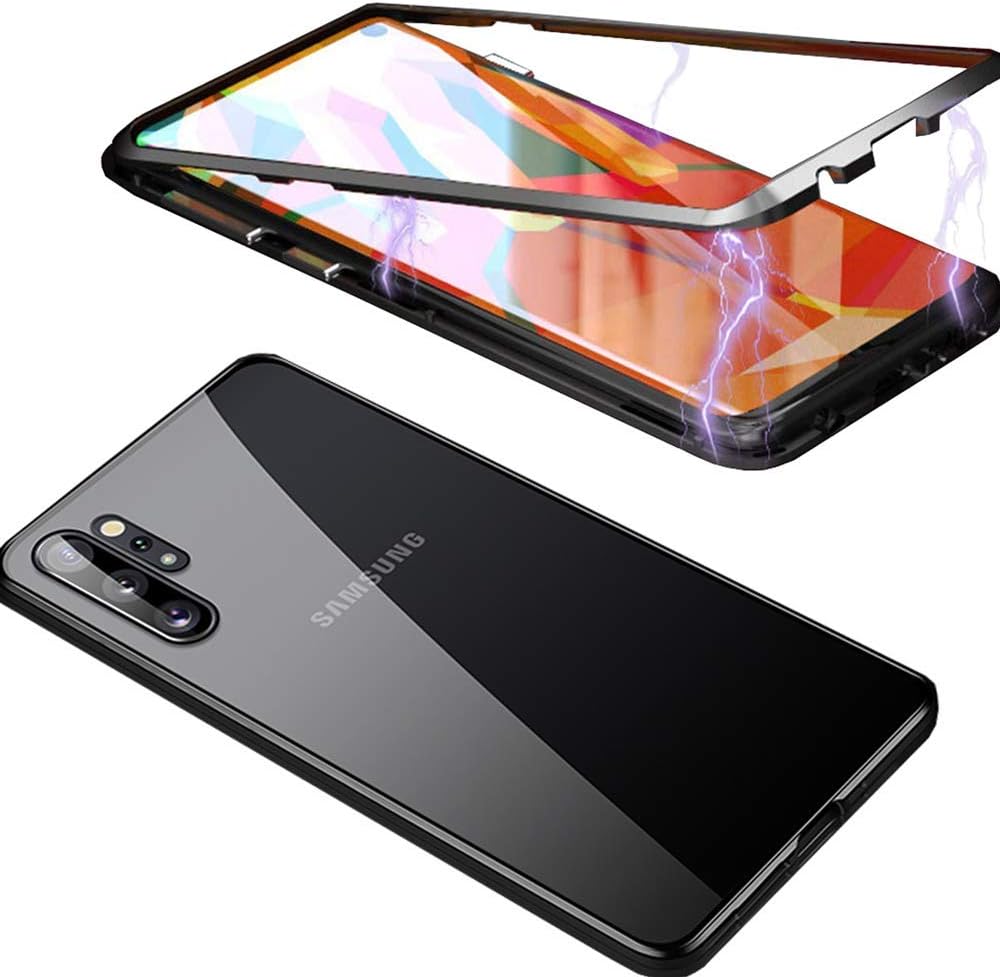 EAGKORD Galaxy Note 10 Plus Case (6.8 Inch 2019), Magnetic Case Clear Tempered Glass Hard Back Cover with Built-in Magnets Metal Bumper Frame for Samsung Galaxy Note 10 Plus/Pro/10+ 5G (Black)