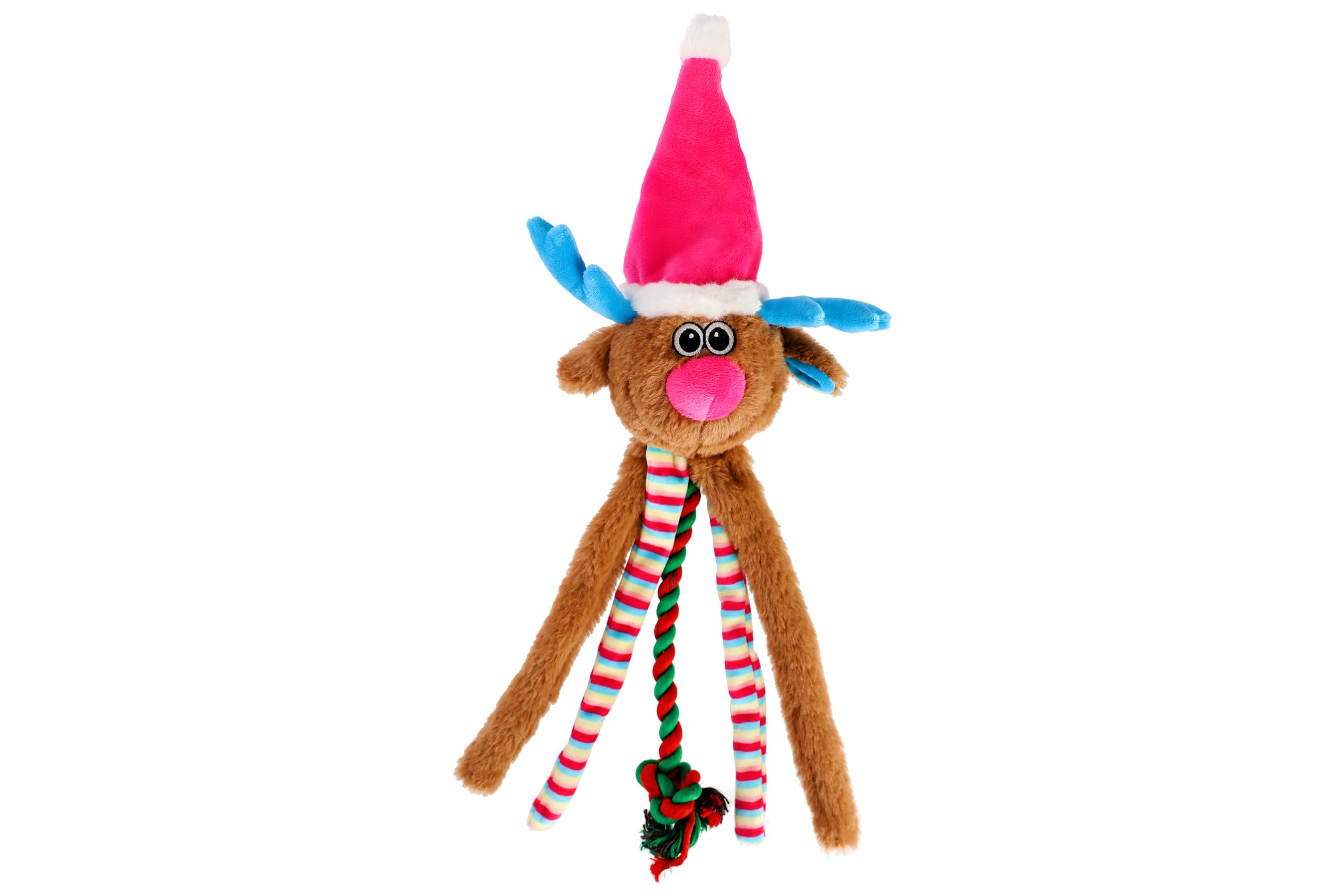 DINGO Reindeer Dog Toy with a Pink Hat, Rope Tug and Sewn-in Squeaker, Funny for Dog Training, Tug of War, Fetch, Play, 50 cm Long, Multicolor 17482