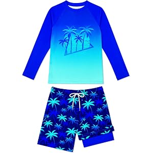 Boys Swim Set 2 Piece Long Sleeve Rash Guard Shirt with Compression Liner Swim Trunks UPF 50+ Swimsuit 7-16Y