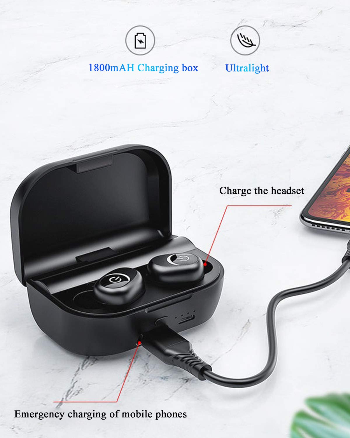 Bluetooth 5.0 Wireless Earbuds HiFi Stereo Noise Canceling Earphones with 1800mAh Charging Case Supports iPhone Android Voice Assistant (Black)