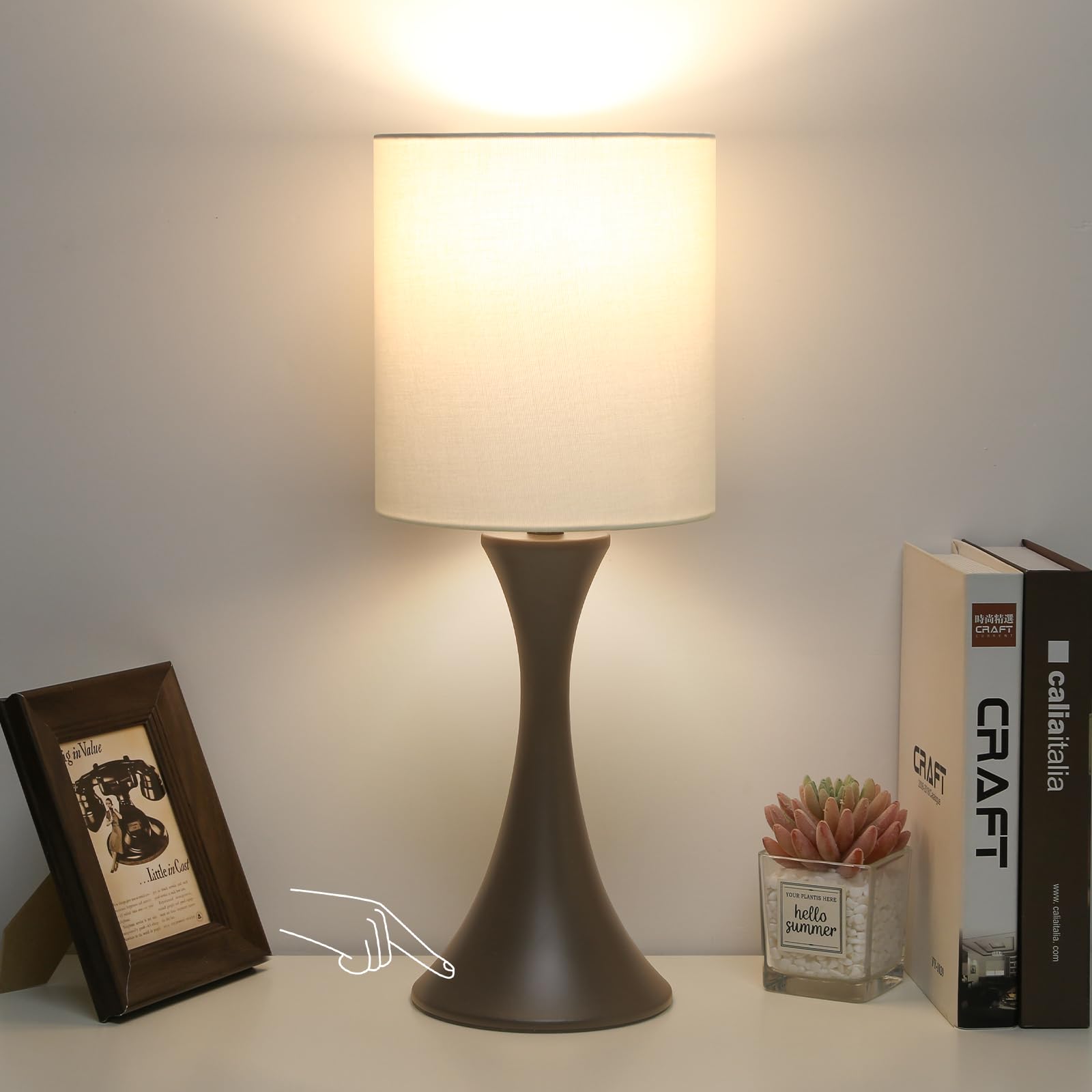 Photo 1 of 3 Way Touch Control Table Lamp, Modern Bedside Lamp Dimmable Nightstand Lamp with Beige Shade and Dark Brown Base, Small Desk Lamp for Living Room, Dorm, Home Office, 9W LED Bulb Included