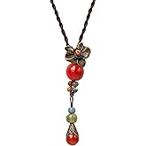 MINACHI Vintage Bohemian Colorful Ceramic Bead Antique Flower Y Necklace, Vintage Boho Hippie Statement Jewelry Gift for Women