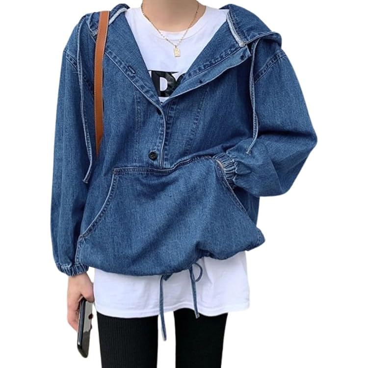 SOMTHRON Women's Denim Hoodie Pullover Jacket Jean Tops 1/2