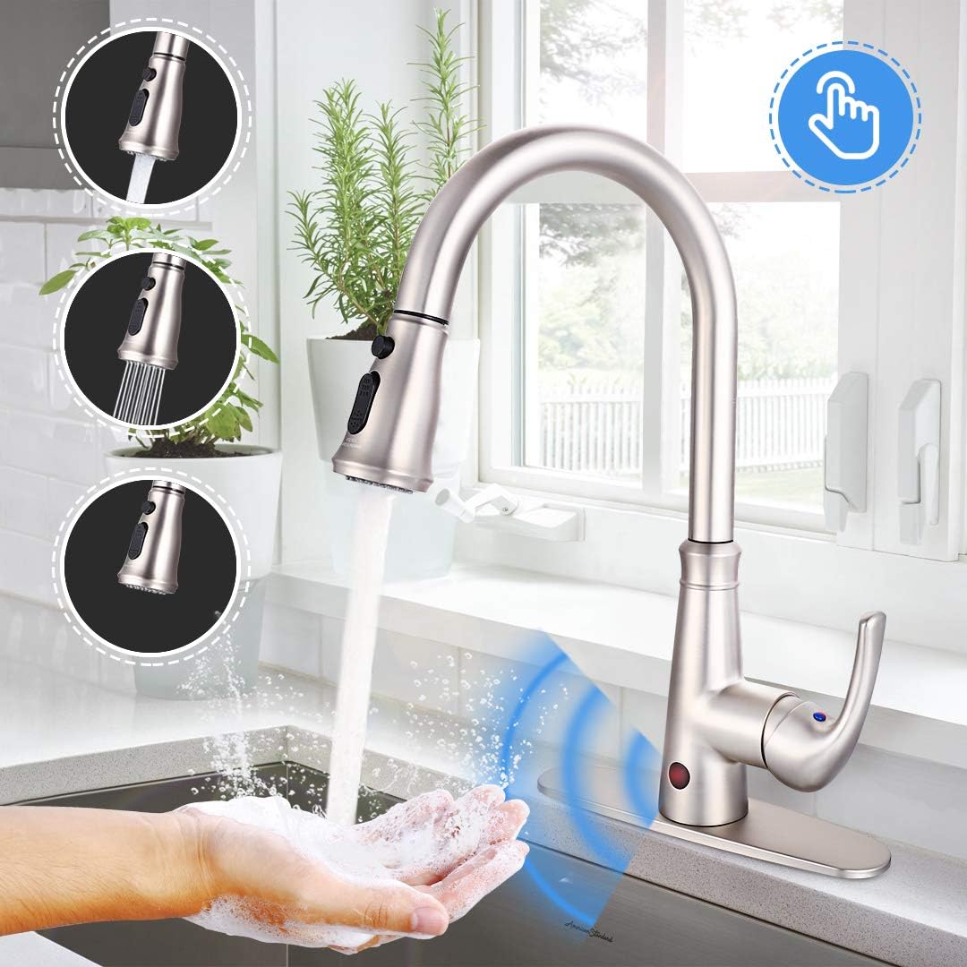 Touchless Kitchen Faucet, Dalmo DAKF5F Brushed Nickel Kitchen Faucet with Fingerprints Resistant, Single Handle Sensor Sink Faucet with 3 Modes Pull Down Sprayer, Metal Deck Plate