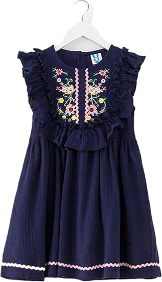 Amazon 韓国子供服 刺繍ワンピース 女の子 ガールズ 子どもワンピース 綿麻ワンピース ノースリーブワンピース プリンセスワンピース 夏服 フレアスリーブ エスニック風 フリル かわいい ピンク ネイビー ネイビー 140 ワンピース チュニック 通販