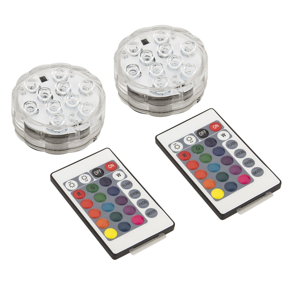 LUXJET RGB Submersible LED Lights Underwater Decor Lighting Color Changing for Aquarium, Pond, Fish Tank, Birdbath, IR Remote Control, Battery Operate, 2 Pack