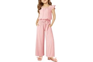 Haloumoning Girls Jumpsuits Kids Fashion Ruffle Sleeves Square Neck Rompers Drawstring Overalls with Pockets