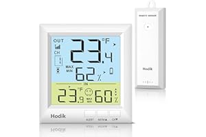 HODIK Indoor Outdoor Thermometer Wireless USB & Battery Powered, Temperature Humidity Monitor Weather Station with 330FT Remote Range, 3 Adjustable Backlight, 3 Temperature Alerts (Multi)