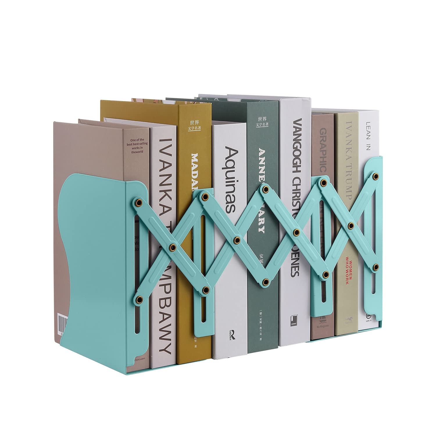 Expandable Metal Bookends, MSDADA Adjustable Book Ends Heavy Duty Book Holder Desktop Book Stand Non-Skid Desk Organizer for Kids Student Home Office School Bookshelf Book Storage (Turquoise)