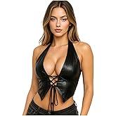 Dynvernal PU Leather Crop Tops for Women Y2K Rave Halter Sleeveless Lace Up Top Going Out Club Concert Tank Top